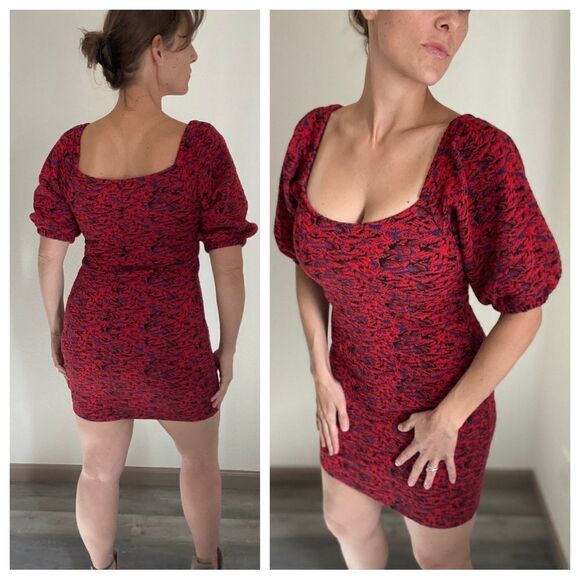 Free People Bodycon Dress Red Jacquard Balloon Sleeves Small Stretchy - Picture 5 of 10